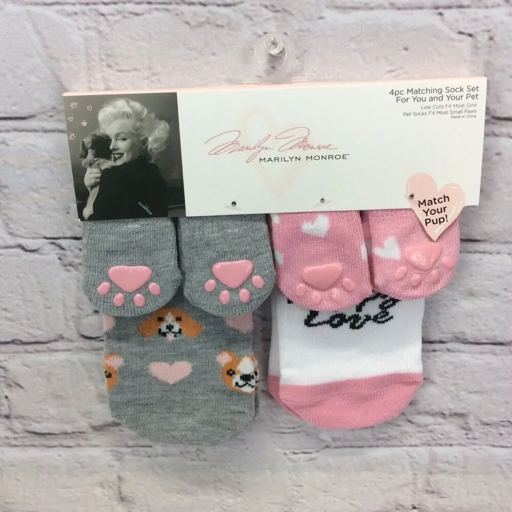 Marilyn Monroe Girls & Matching Pet Socks OSFM 4 Pair Set Low Cut Puppy Love NWT